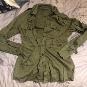 Green distressed button up top from LF